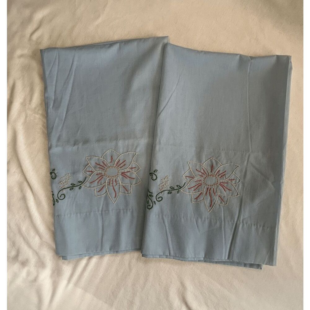 Handmade Powder Blue Pillowcase Set of Two, Flower Embroidery 20 x 32 Inches